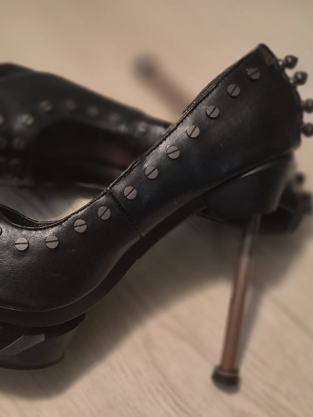Black Studded Peep-Toe Chunky Heels - Picture 3 of 3
